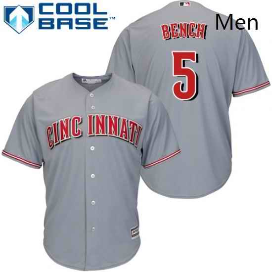 Mens Majestic Cincinnati Reds 5 Johnny Bench Replica Grey Road Cool Base MLB Jersey